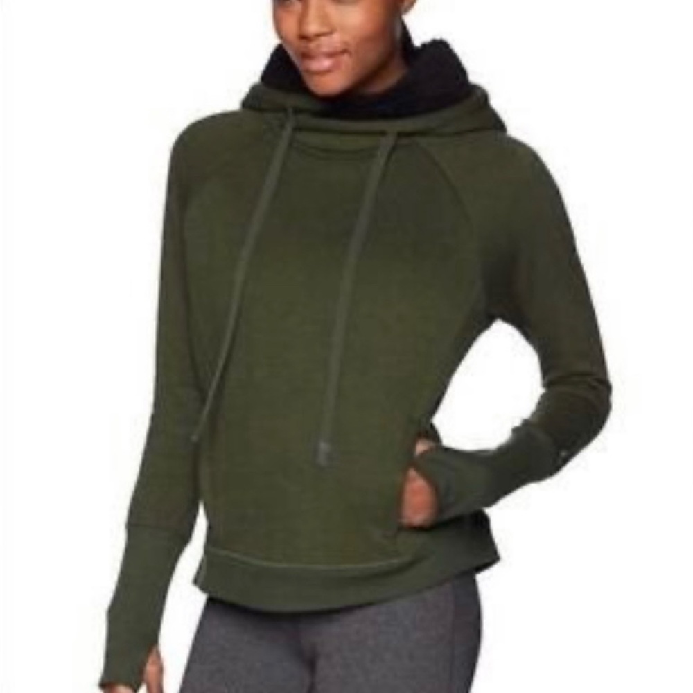 Aloyoga Army Green Black Fleece Lined Zip Pocket Hoodie size small